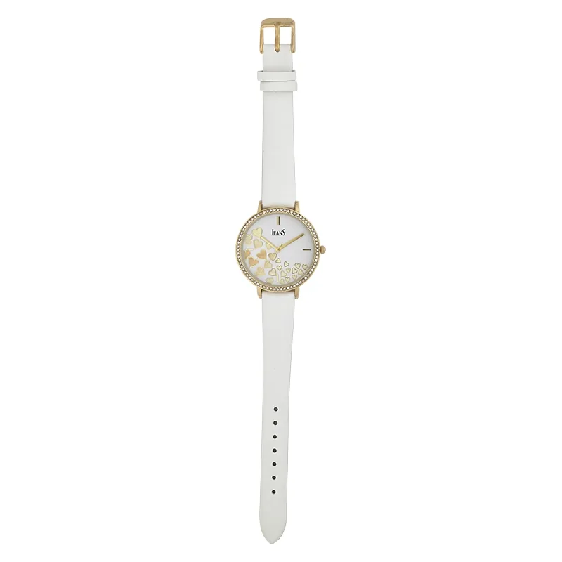 Reloj Jeans analogo, para Dama, tablero redondo color blanco, estilo index, pulso cuero sintetico color blanco
