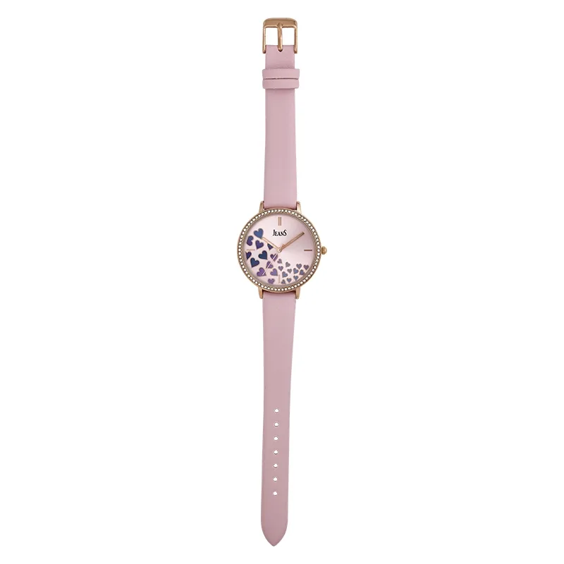 Reloj Jeans analogo, para Dama, tablero redondo color rosado, estilo index, pulso cuero sintetico color rosado