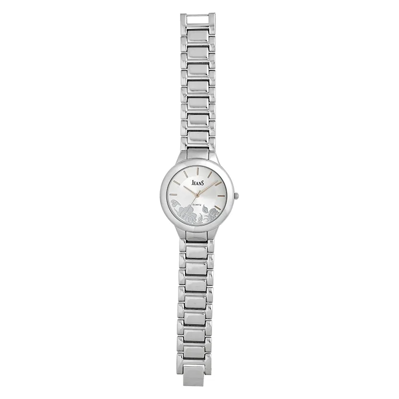 Reloj Jeans analogo, para Dama, tablero redondo colores plateado y rosa, estilo index, pulso metalico color plateado