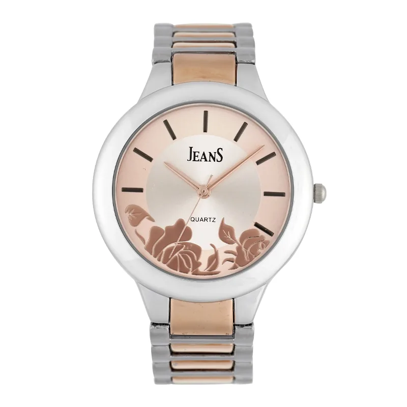 Reloj Jeans analogo, para Dama, tablero redondo color rosa, estilo index, pulso metalico colores plateado y rosa