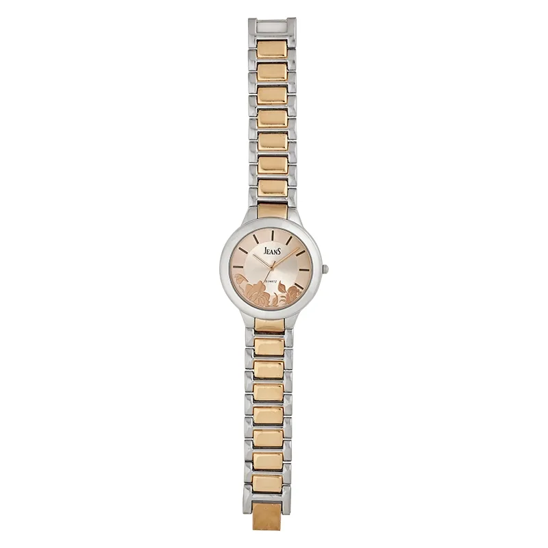 Reloj Jeans analogo, para Dama, tablero redondo color rosa, estilo index, pulso metalico colores plateado y rosa