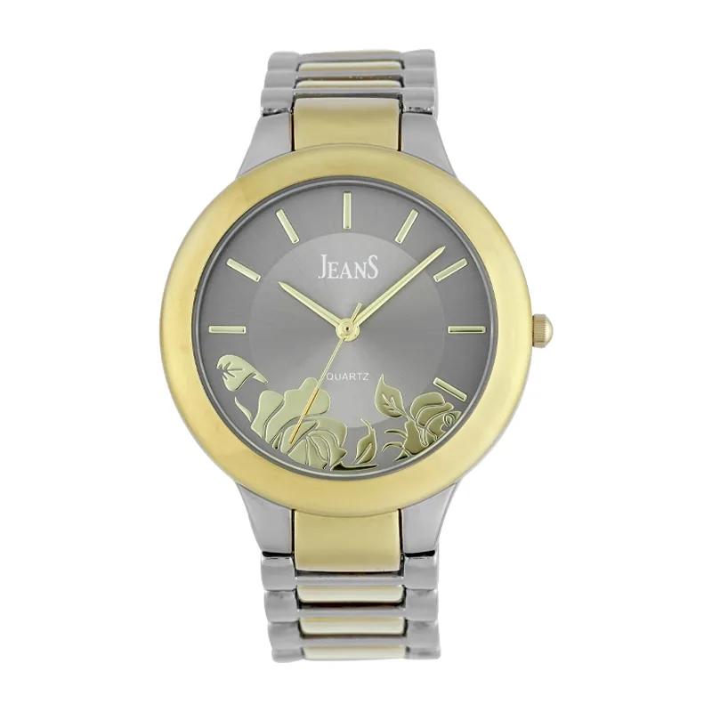 Reloj Jeans analogo, para Dama, tablero redondo color gris, estilo index, pulso metalico colores plateado y dorado
