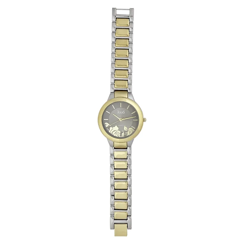 Reloj Jeans analogo, para Dama, tablero redondo color gris, estilo index, pulso metalico colores plateado y dorado