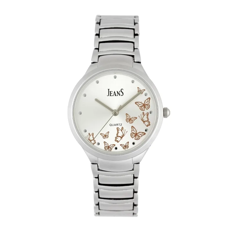 Reloj Jeans analogo, para Dama, tablero redondo color plateado, estilo puntos, pulso metalico color plateado