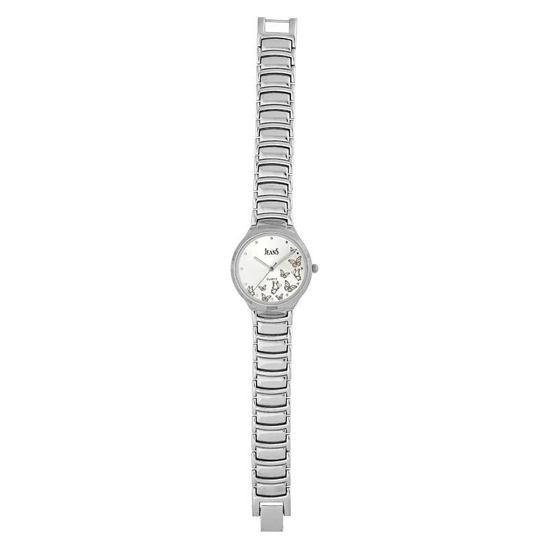 Reloj Jeans analogo, para Dama, tablero redondo color plateado, estilo puntos, pulso metalico color plateado