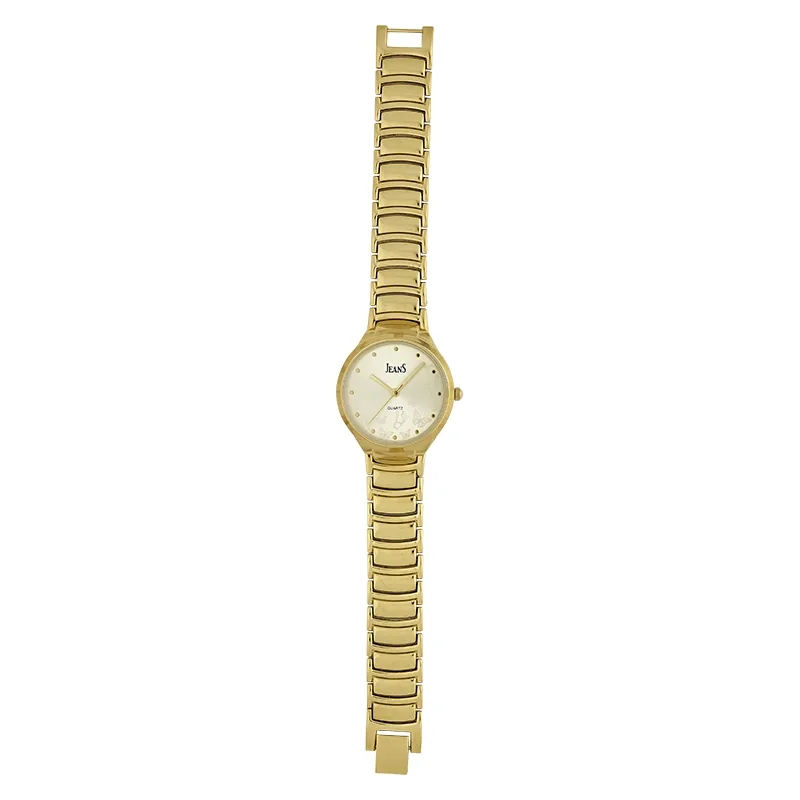 Reloj Jeans analogo, para Dama, tablero redondo color dorado, estilo puntos, pulso metalico color dorado