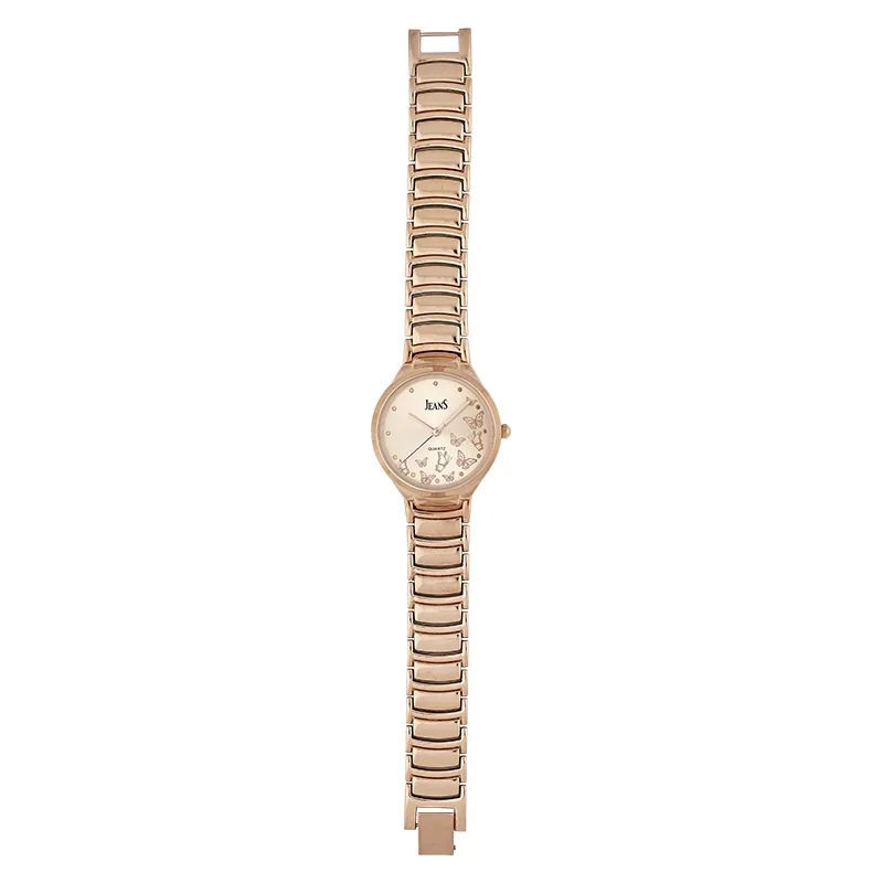 Reloj Jeans analogo, para Dama, tablero redondo color rosa, estilo puntos, pulso metalico color rosa