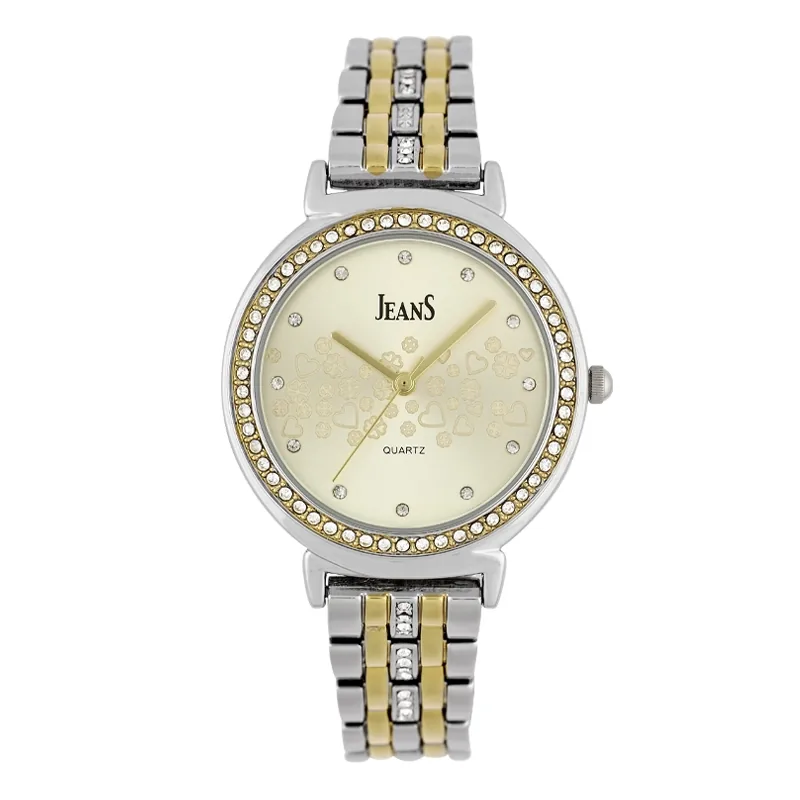 Reloj Jeans analogo, para Dama, tablero redondo color dorado, estilo puntos, pulso metalico colores plateado y dorado
