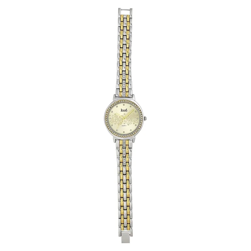 Reloj Jeans analogo, para Dama, tablero redondo color dorado, estilo puntos, pulso metalico colores plateado y dorado