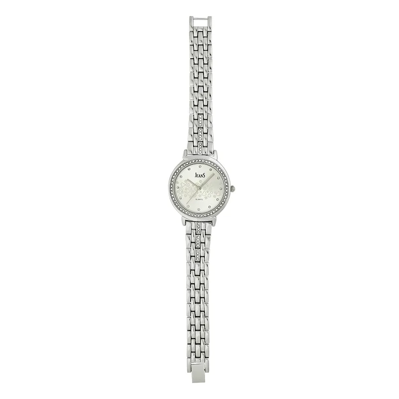Reloj Jeans analogo, para Dama, tablero redondo color plateado, estilo puntos, pulso metalico color plateado