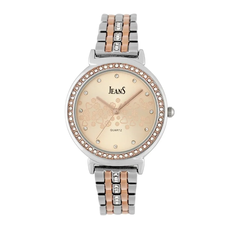 Reloj Jeans analogo, para Dama, tablero redondo color rosa, estilo puntos, pulso metalico colores plateado y rosa