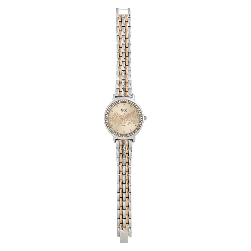 Reloj Jeans analogo, para Dama, tablero redondo color rosa, estilo puntos, pulso metalico colores plateado y rosa