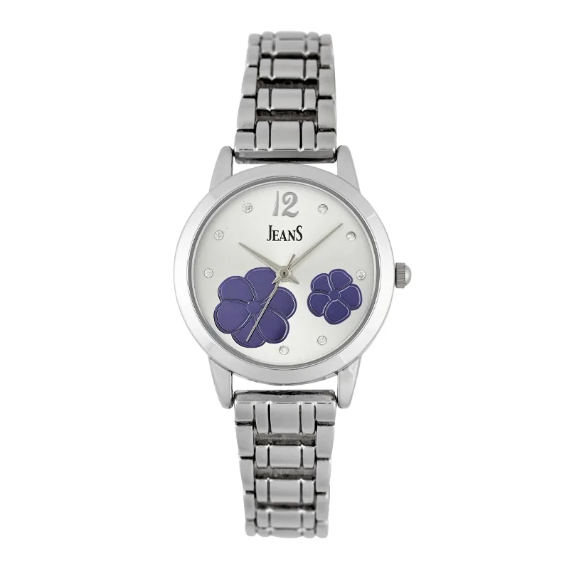 Reloj Jeans analogo, para Dama, tablero redondo color plateado, estilo puntos + arabigo, pulso metalico color plateado