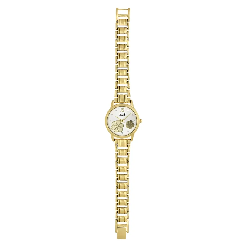 Reloj Jeans analogo, para Dama, tablero redondo color plateado, estilo puntos + arabigo, pulso metalico color dorado