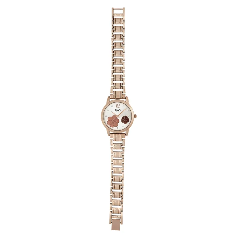 Reloj Jeans analogo, para Dama, tablero redondo color rosa, estilo puntos + arabigo, pulso metalico color rosa