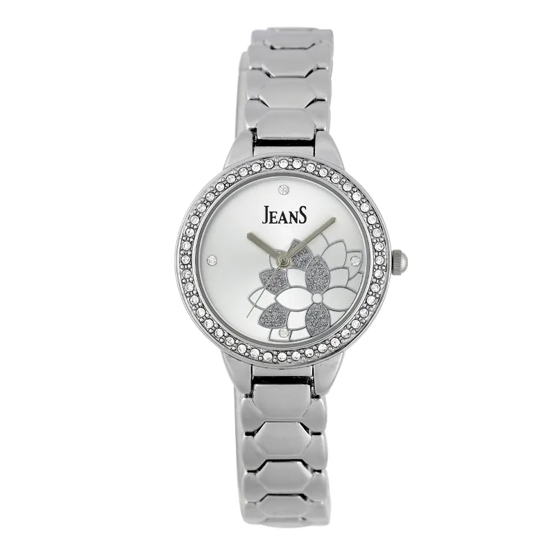 Reloj Jeans analogo, para Dama, tablero redondo color plateado, estilo puntos, pulso metalico color plateado