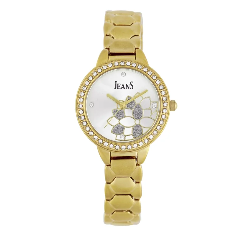 Reloj Jeans analogo, para Dama, tablero redondo color plateado, estilo puntos, pulso metalico color dorado