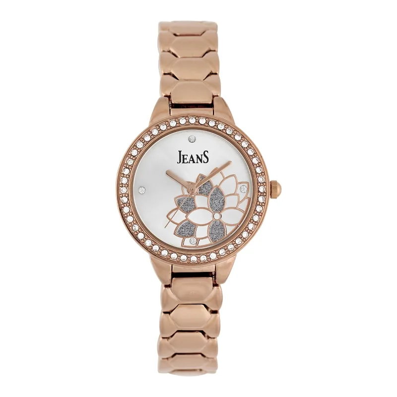 Reloj Jeans analogo, para Dama, tablero redondo color plateado, estilo puntos, pulso metalico color rosa