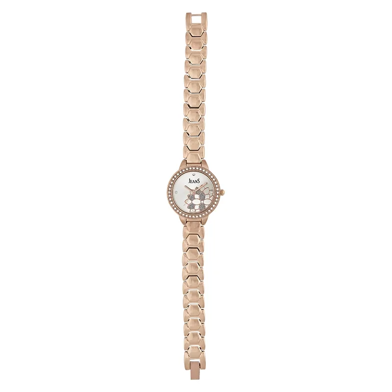 Reloj Jeans analogo, para Dama, tablero redondo color plateado, estilo puntos, pulso metalico color rosa