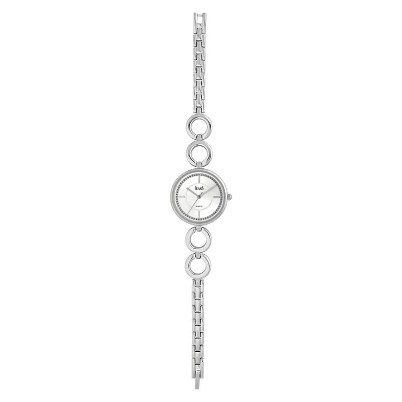 Reloj Jeans analogo, para Dama, tablero redondo color plateado, estilo index, pulso metalico color plateado