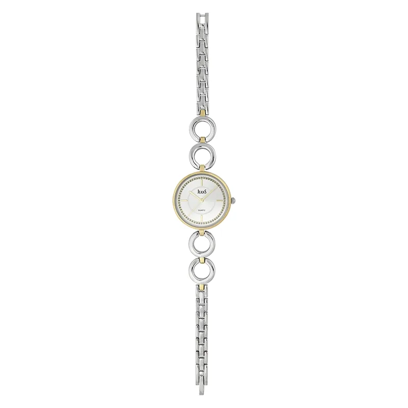 Reloj Jeans analogo, para Dama, tablero redondo colores plateado y dorado, estilo index, pulso metalico colores plateado y dorado