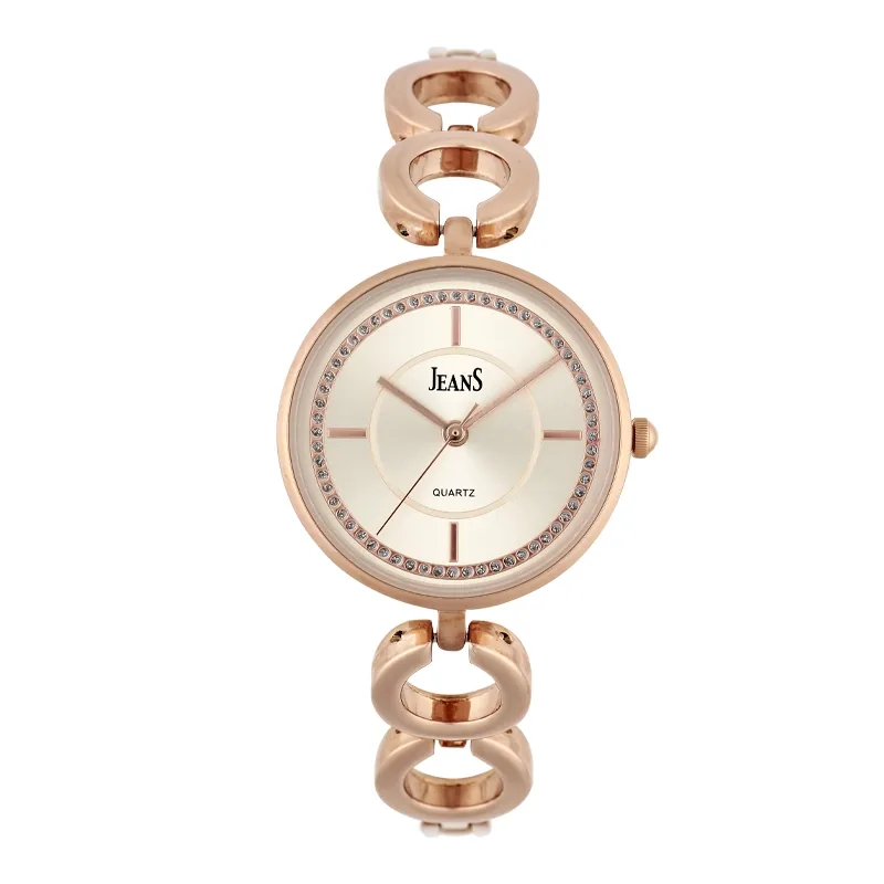 Reloj Jeans analogo, para Dama, tablero redondo color rosa, estilo index, pulso metalico color rosa