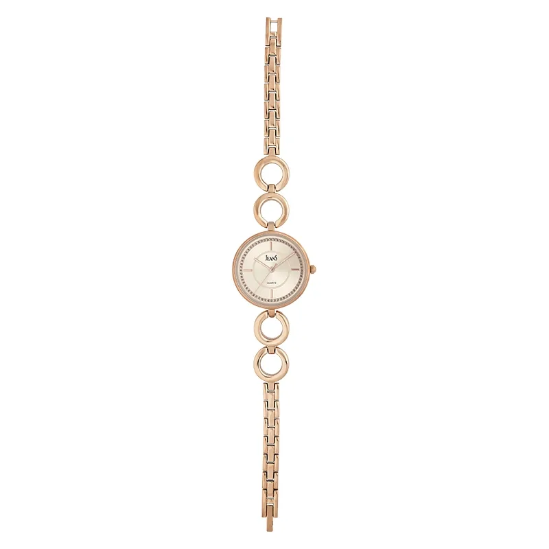 Reloj Jeans analogo, para Dama, tablero redondo color rosa, estilo index, pulso metalico color rosa