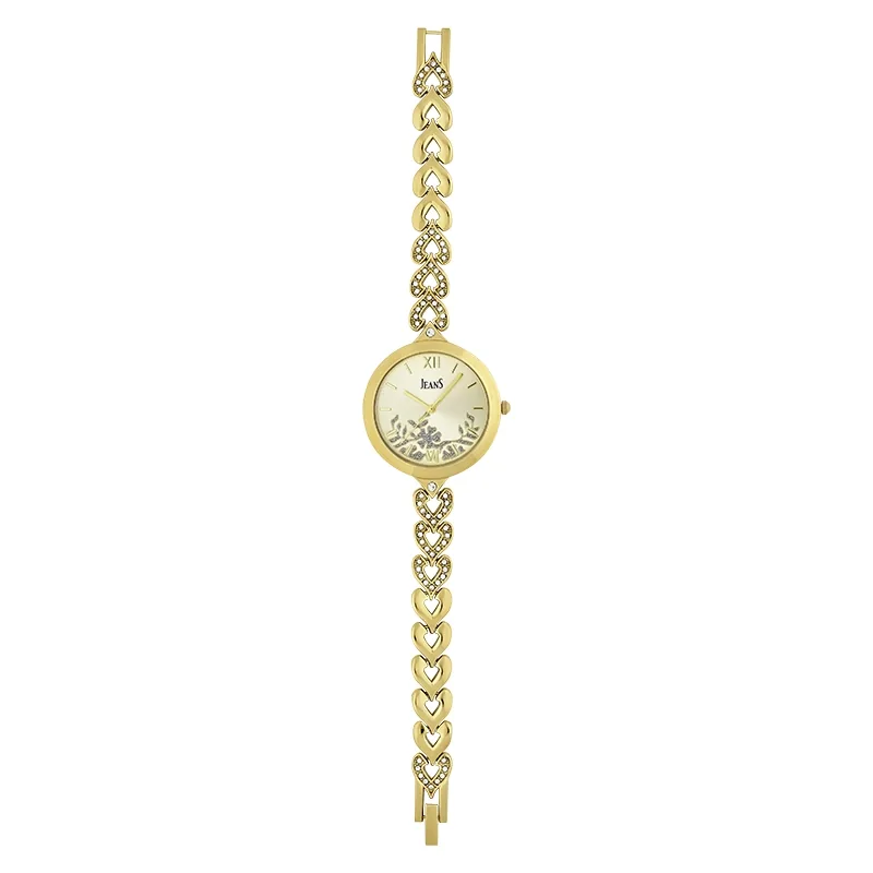 Reloj Jeans analogo, para Dama, tablero redondo color dorado, estilo index + romano, pulso metalico color dorado