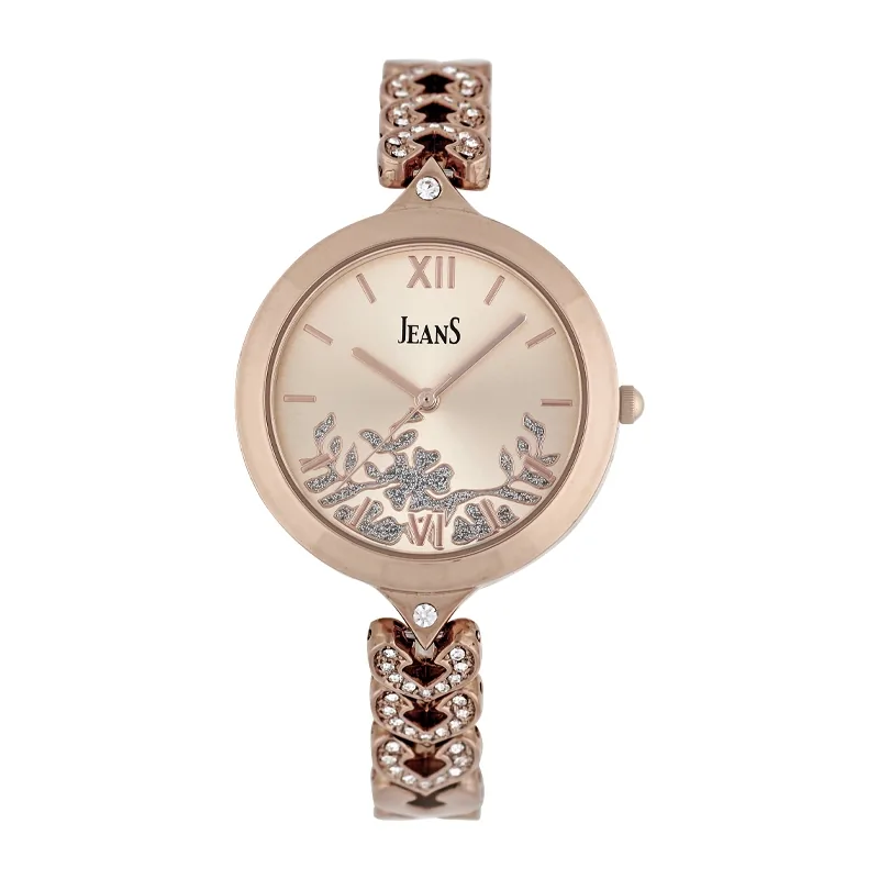 Reloj Jeans analogo, para Dama, tablero redondo color rosa, estilo index + romano, pulso metalico color rosa
