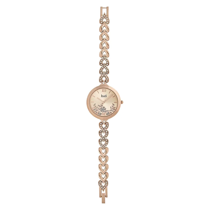 Reloj Jeans analogo, para Dama, tablero redondo color rosa, estilo index + romano, pulso metalico color rosa