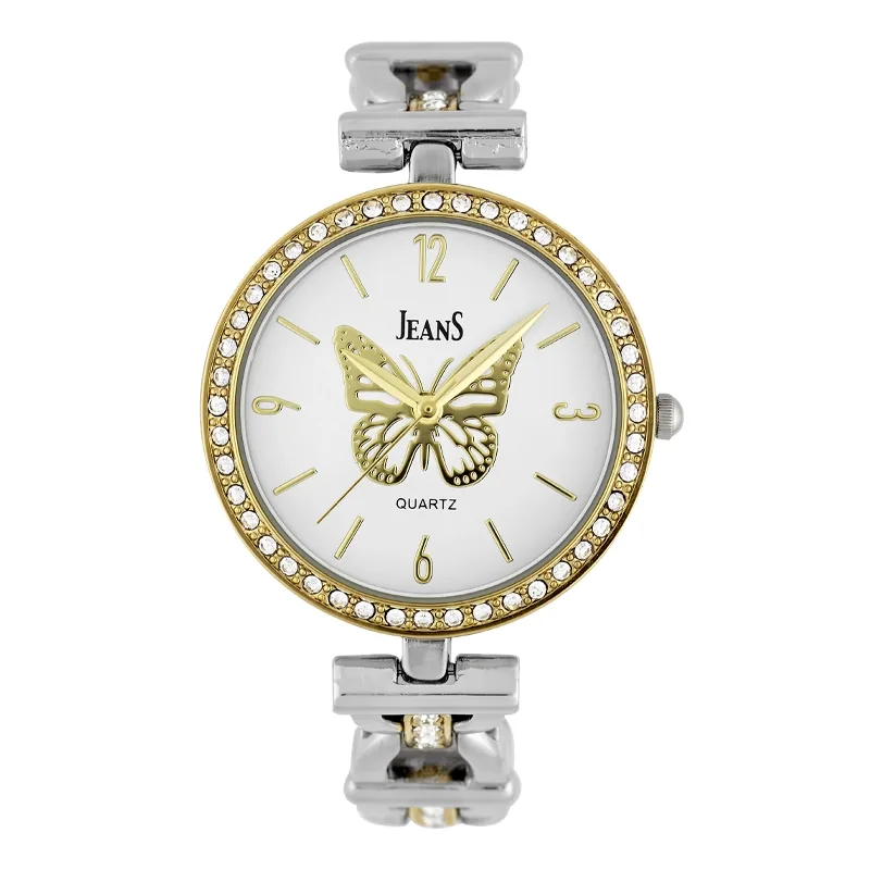 Reloj Jeans analogo, para Dama, tablero redondo color blanco, estilo index + arabigo, pulso metalico colores plateado y dorado