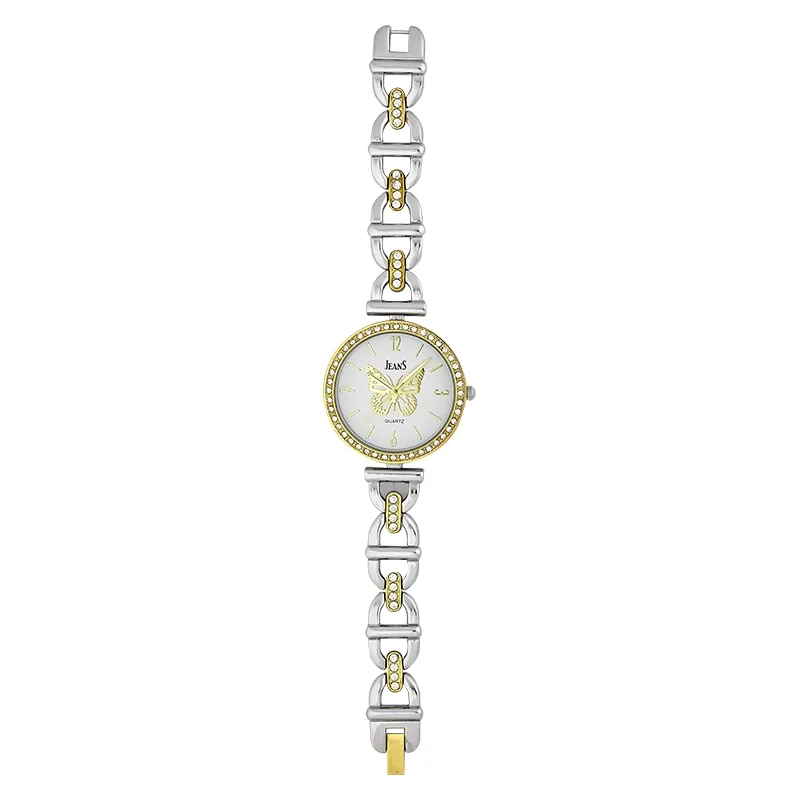 Reloj Jeans analogo, para Dama, tablero redondo color blanco, estilo index + arabigo, pulso metalico colores plateado y dorado