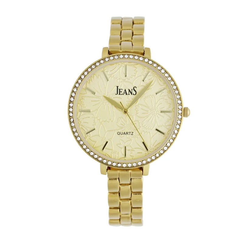 Reloj Jeans análogo, para Dama, tablero redondo color dorado, estilo index, pulso metálico color dorado