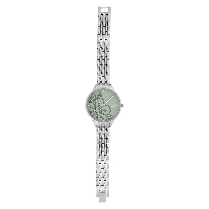 Reloj Jeans analogo, para Dama, tablero redondo color verde, estilo puntos, pulso metalico color plateado