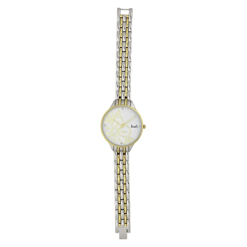 Reloj Jeans analogo, para Dama, tablero redondo color blanco, estilo puntos, pulso metalico colores plateado y dorado