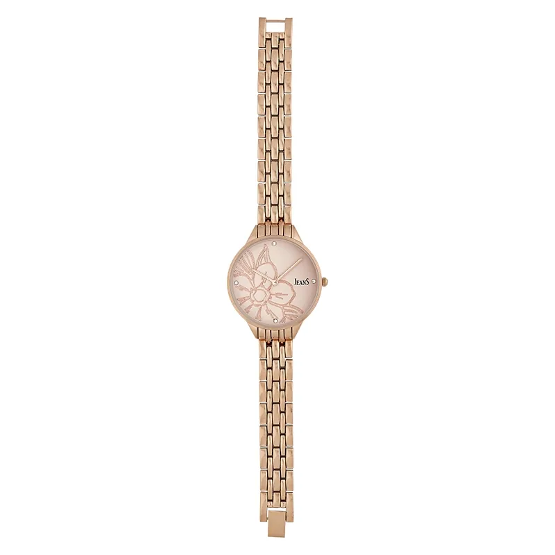 Reloj Jeans analogo, para Dama, tablero redondo color rosa, estilo puntos, pulso metalico color rosa