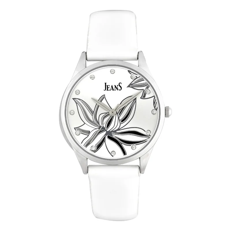 Reloj Jeans analogo, para Dama, tablero redondo color plateado, estilo puntos, pulso cuero sintetico color blanco