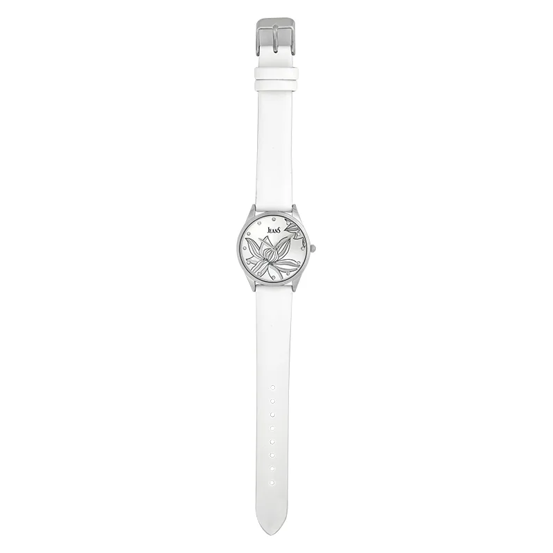 Reloj Jeans analogo, para Dama, tablero redondo color plateado, estilo puntos, pulso cuero sintetico color blanco