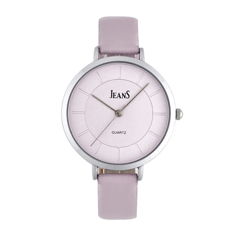 Reloj Jeans analogo, para Dama, tablero redondo color morado, estilo index, pulso metalico color morado
