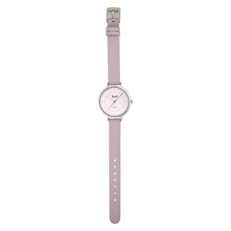 Reloj Jeans analogo, para Dama, tablero redondo color morado, estilo index, pulso metalico color morado
