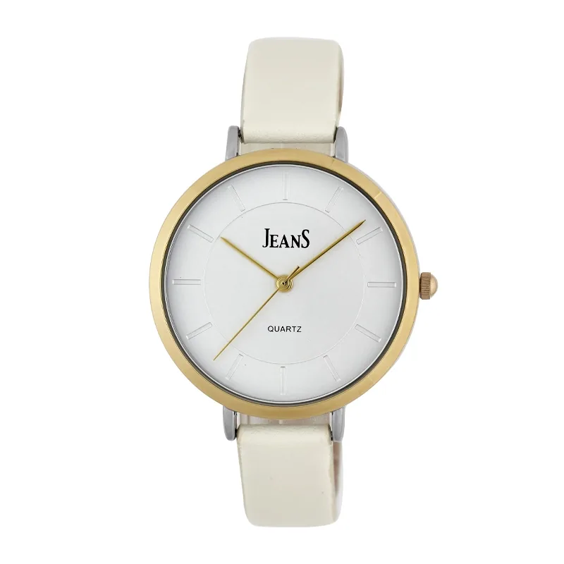 Reloj Jeans análogo, para Dama, tablero redondo colores plateado y dorado, estilo index, pulso cuero sintético color beige