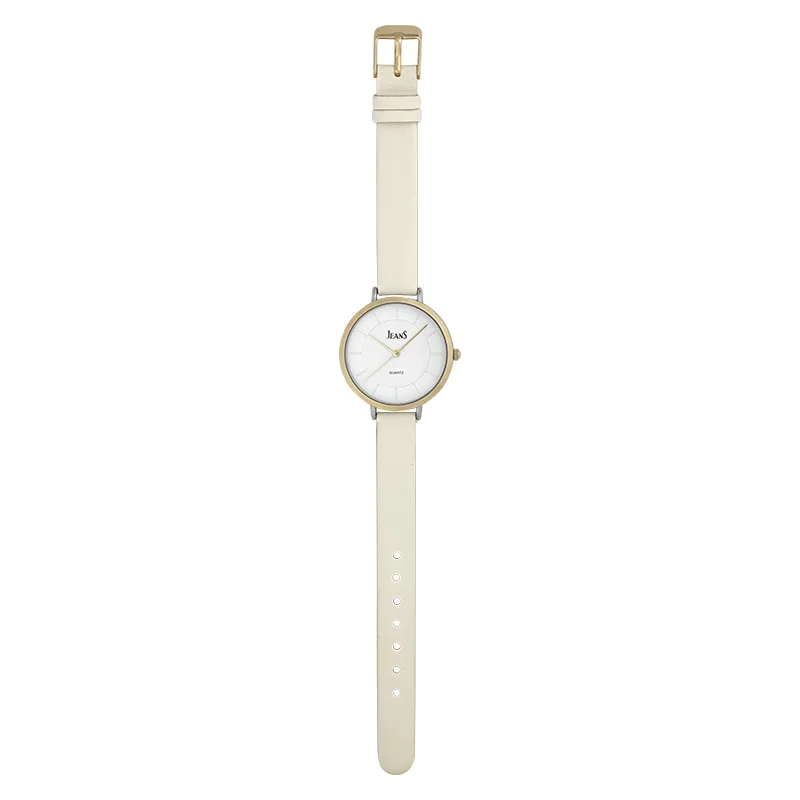 Reloj Jeans análogo, para Dama, tablero redondo colores plateado y dorado, estilo index, pulso cuero sintético color beige