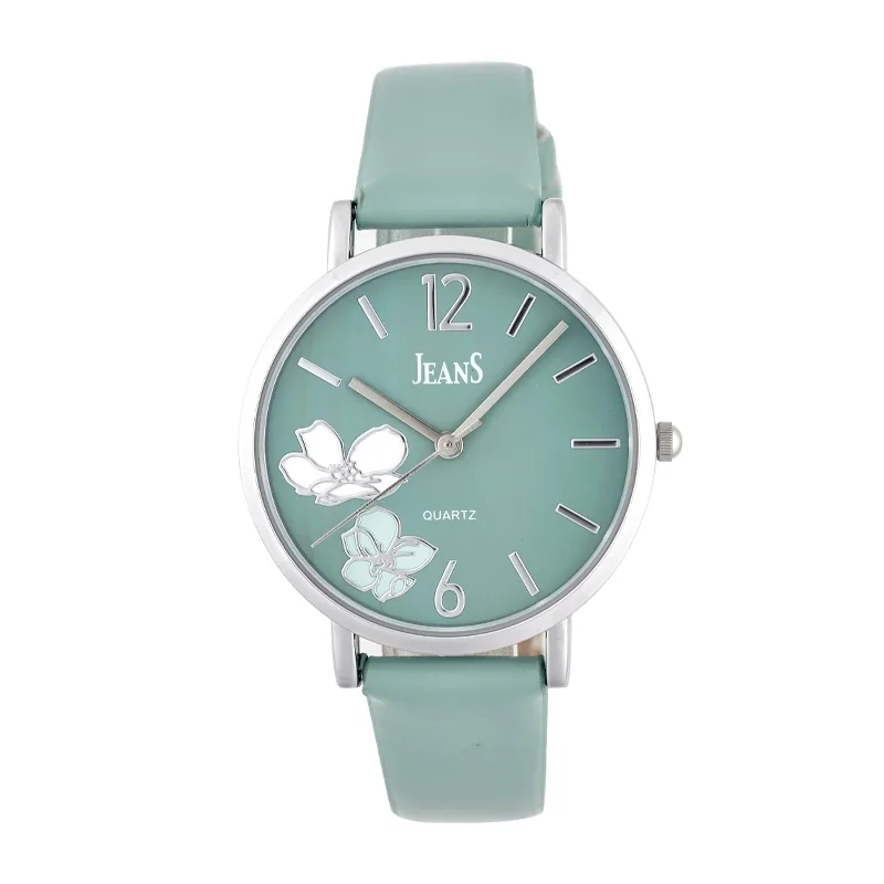 Reloj Jeans analogo, para Dama, tablero redondo colores verde y plateado, estilo index + arabigo, pulso cuero sintetico color verde