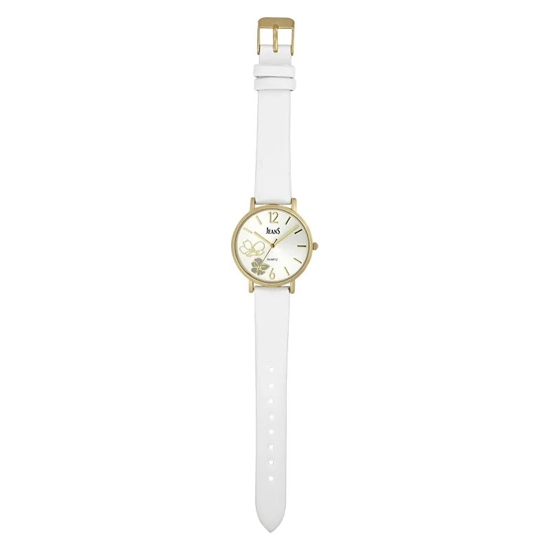 Reloj Jeans analogo, para Dama, tablero redondo color plateado, estilo index + arabigo, pulso cuero sintetico color blanco