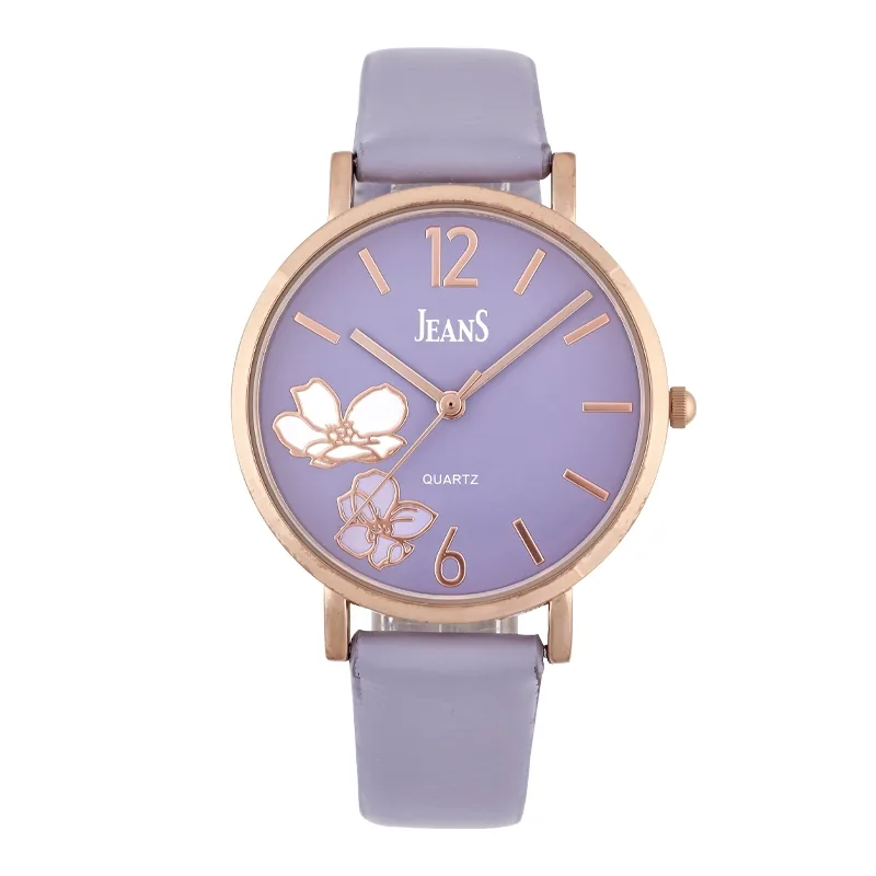Reloj Jeans analogo, para Dama, tablero redondo color morado, estilo index + arabigo, pulso cuero sintetico color morado