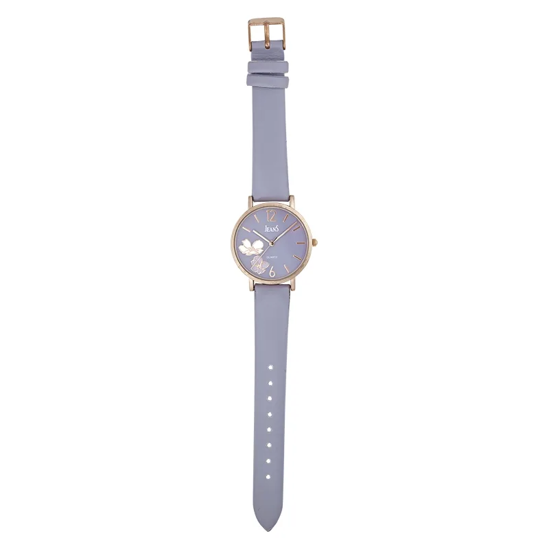 Reloj Jeans analogo, para Dama, tablero redondo color morado, estilo index + arabigo, pulso cuero sintetico color morado
