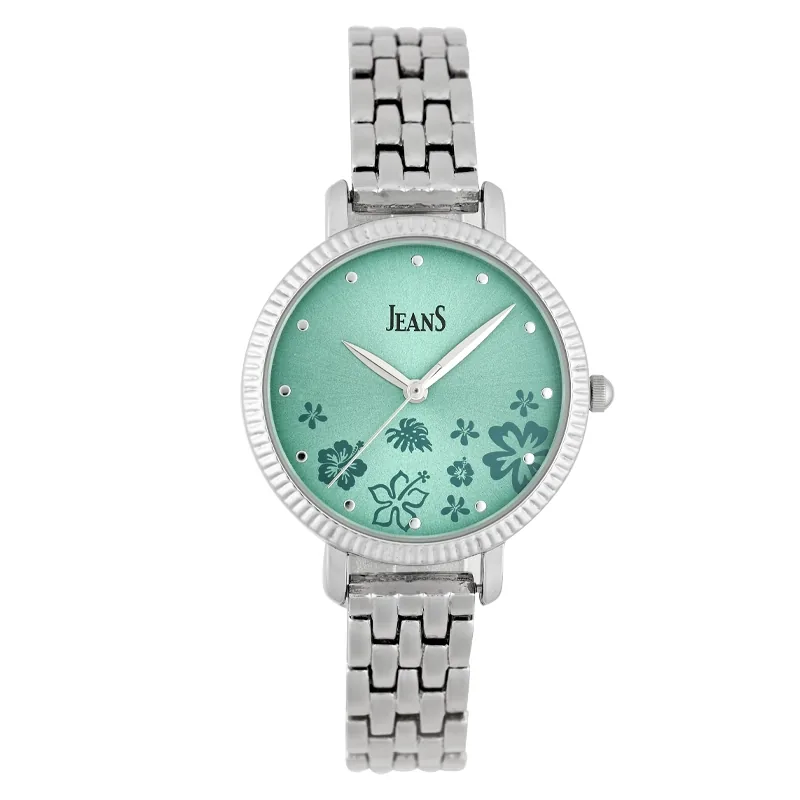 Reloj Jeans analogo, para Dama, tablero redondo color verde, estilo puntos, pulso metalico color plateado