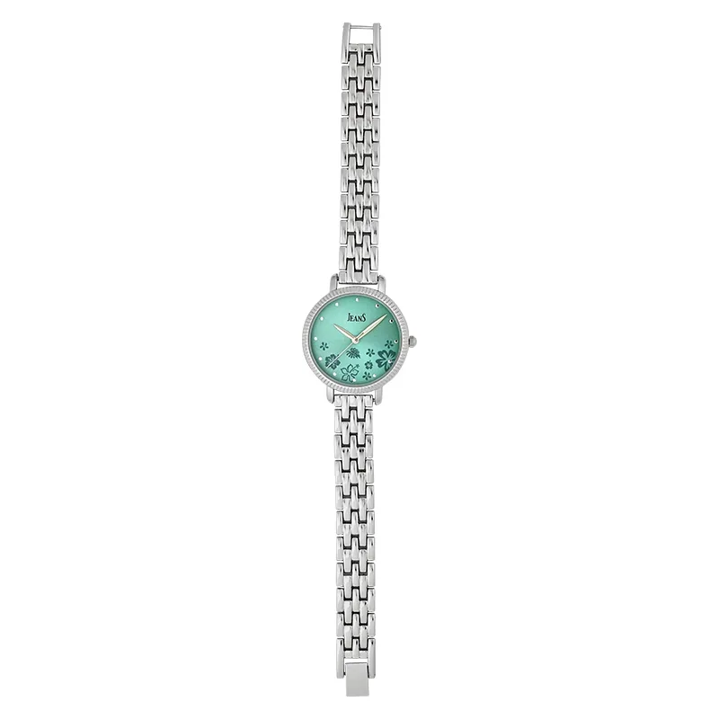 Reloj Jeans analogo, para Dama, tablero redondo color verde, estilo puntos, pulso metalico color plateado