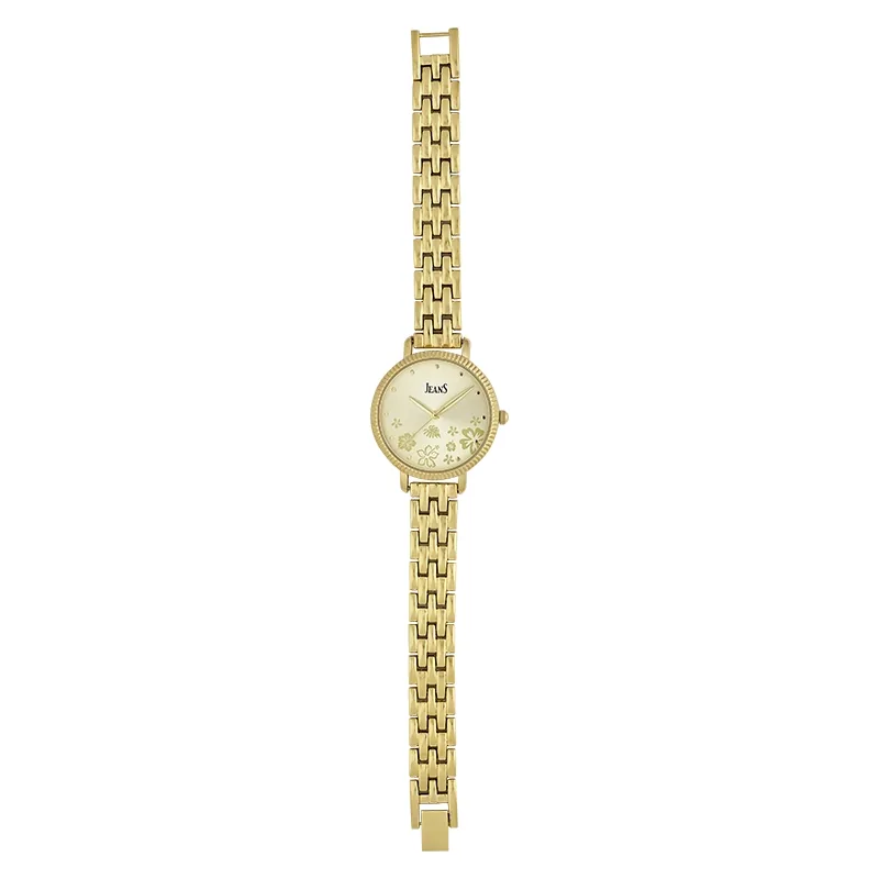 Reloj Jeans analogo, para Dama, tablero redondo color dorado, estilo puntos, pulso metalico color dorado