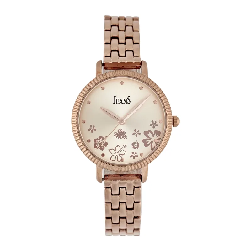 Reloj Jeans analogo, para Dama, tablero redondo color rosa, estilo puntos, pulso metalico color rosa